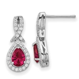 925 Sterling Silver  Lab Created Ruby &  White CZ Teardrop Post Dangle Earrings